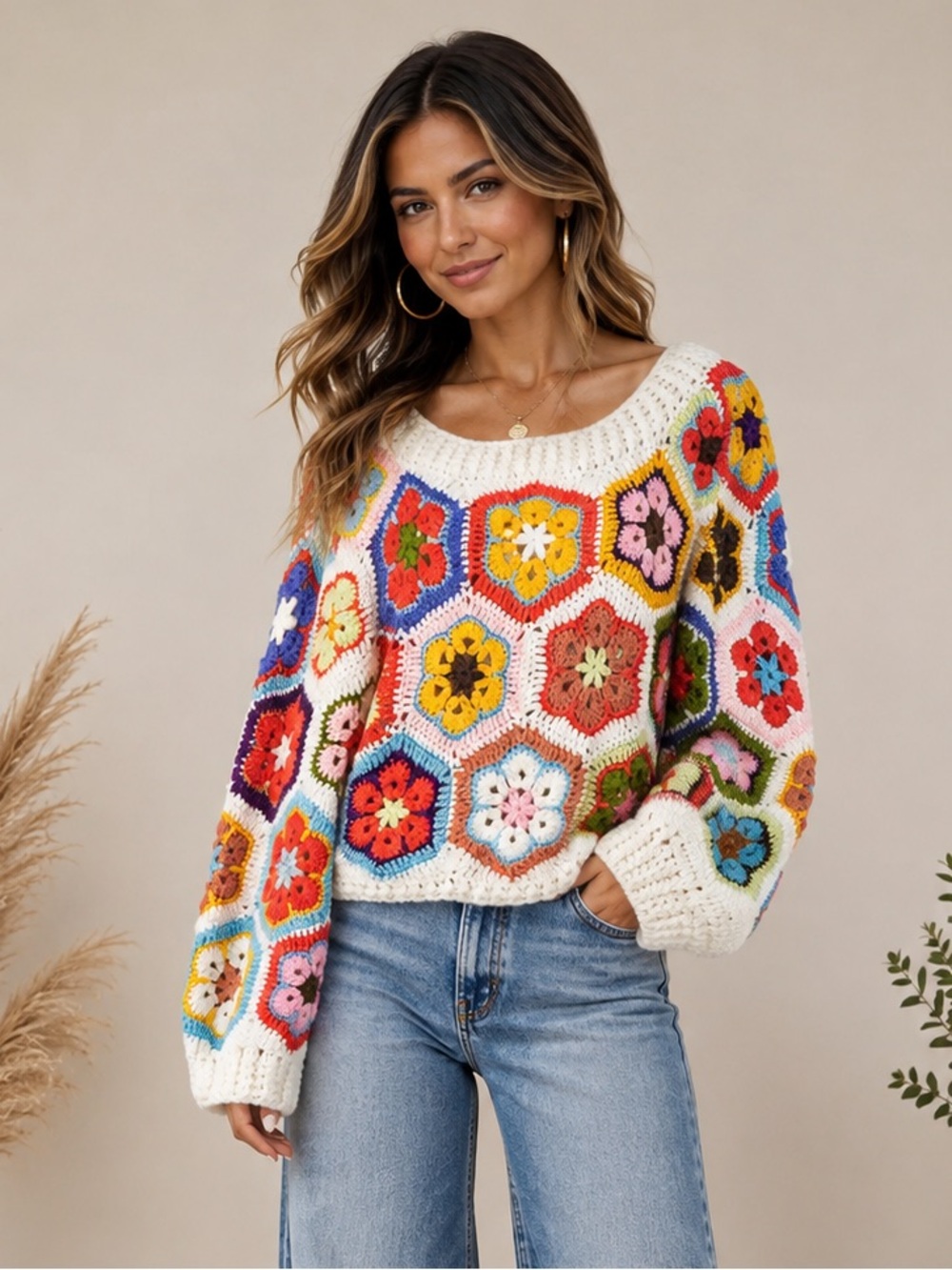 🌼 Boho Crochet Granny Square Floral Sweater – Ivory Multi